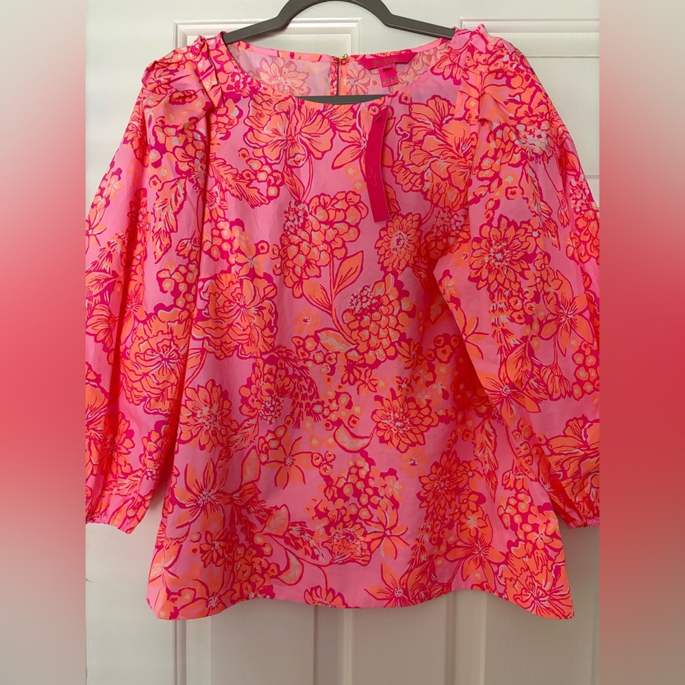 NWT Lilly Pulitzer Pink and Orange Floral Barbara Puff 3/4 Sleeve Blouse size L - Picture 4 of 7